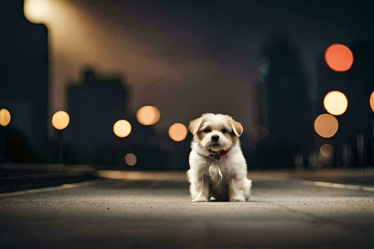 a small dog is standing on the street at night. AI-Generated photo