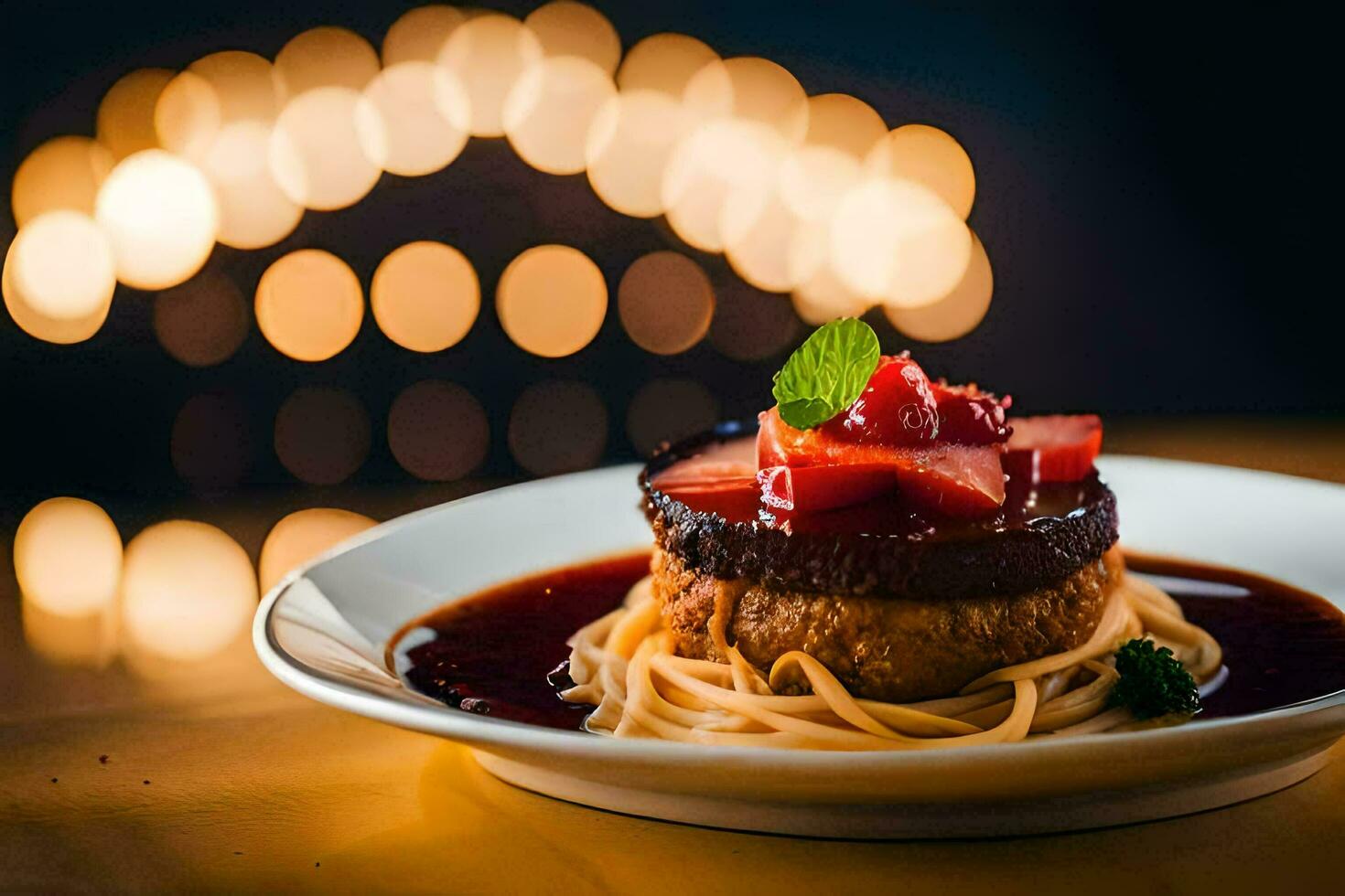 a plate with spaghetti and meat on top of a table. AI-Generated photo
