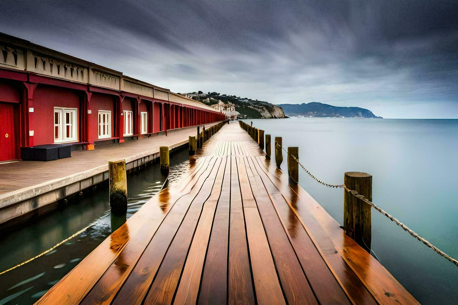 a long exposure photo of a dock in the water. AI-Generated