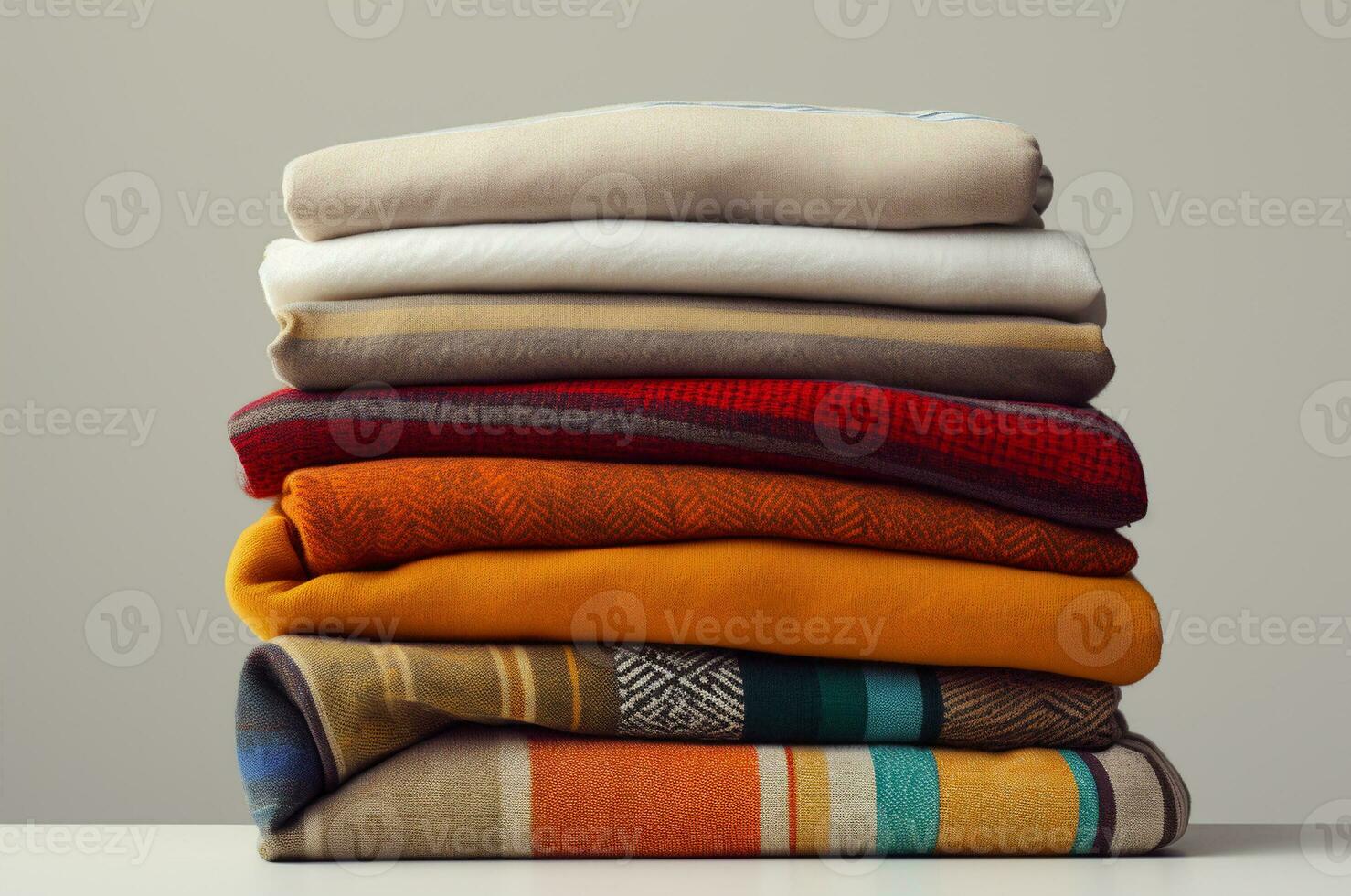 Stack of blankets. Stack of autumn sweaters. Generative Ai photo