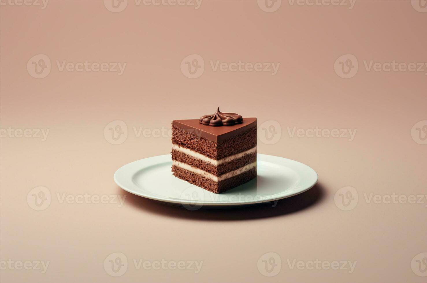 Piece of three chocolate cake. Minimalistic piece of chocolate cake. Generative AI photo