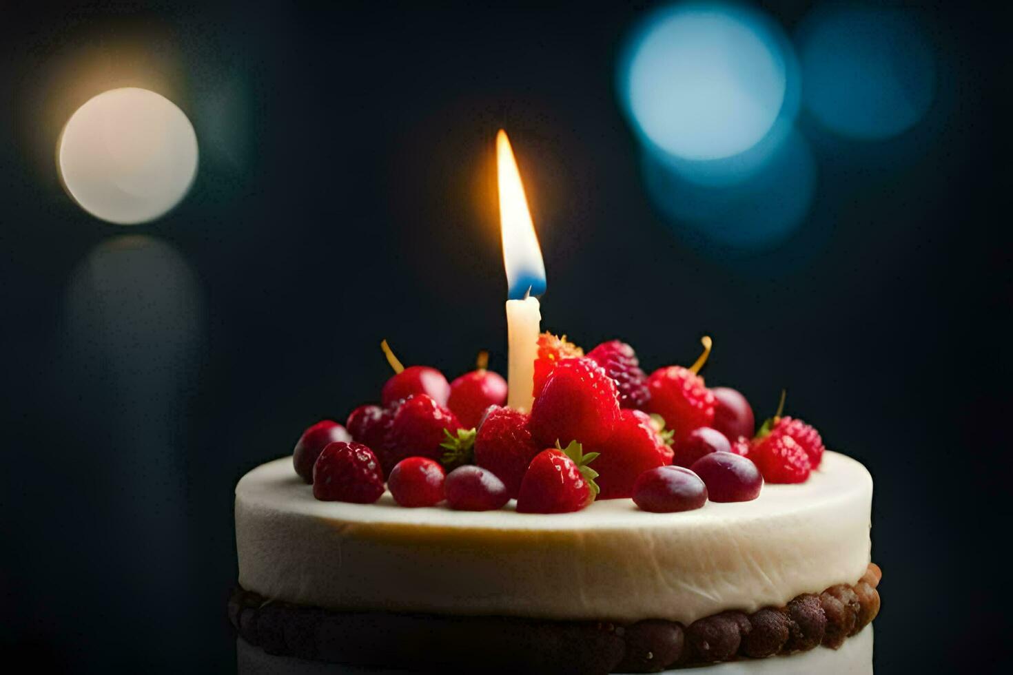 a birthday cake with a single candle. AI-Generated photo