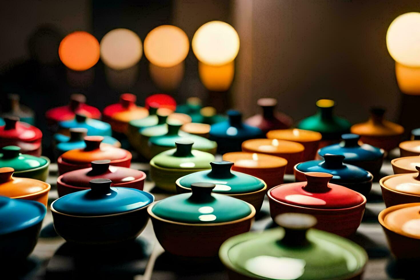 colorful pots and bowls sit on a table. AI-Generated photo