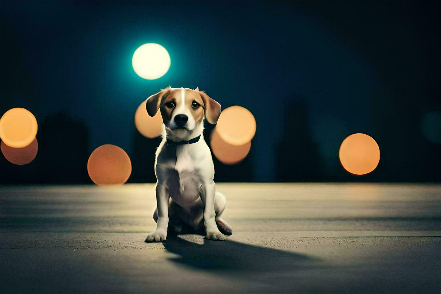a dog sitting on the ground at night with lights in the background. AI-Generated photo