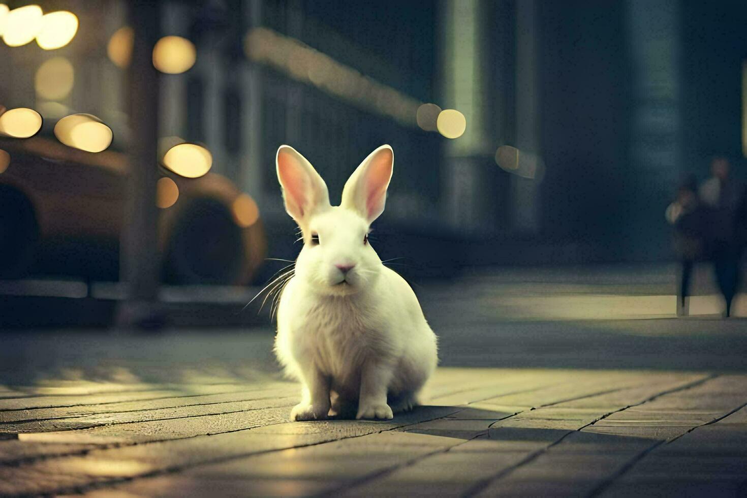 white rabbit sitting on the sidewalk in the city. AI-Generated photo