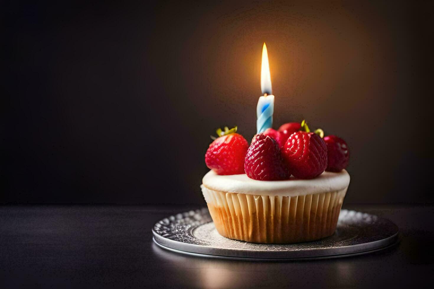 a cupcake with strawberries and a lit candle. AI-Generated photo