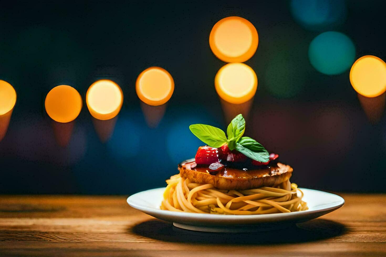 a plate of pasta with berries and tomato sauce on a wooden table. AI-Generated photo