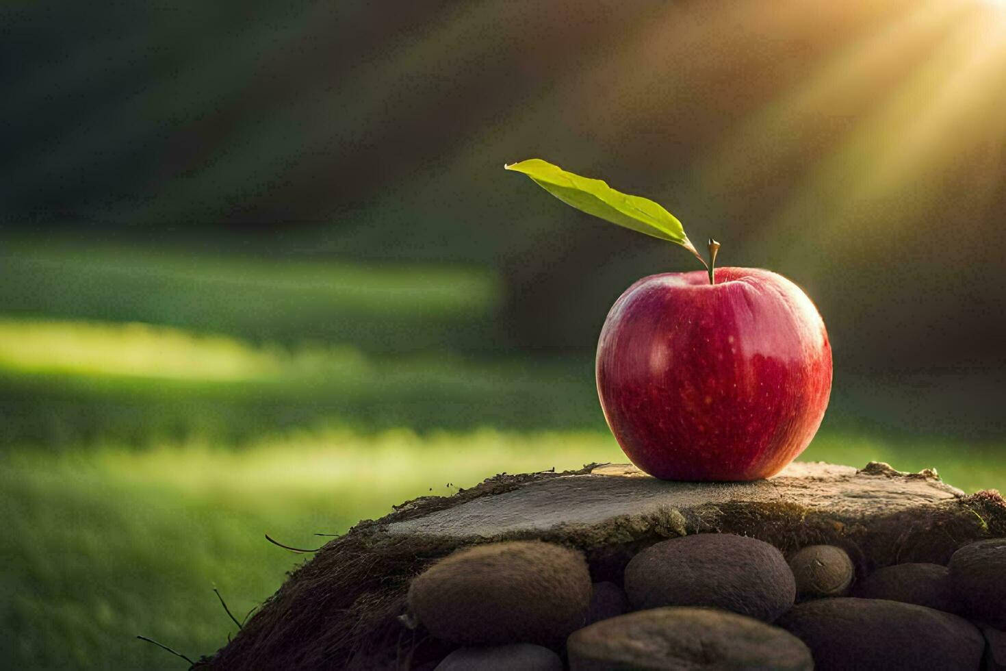 an apple sits on top of a rock in front of the sun. AI-Generated photo