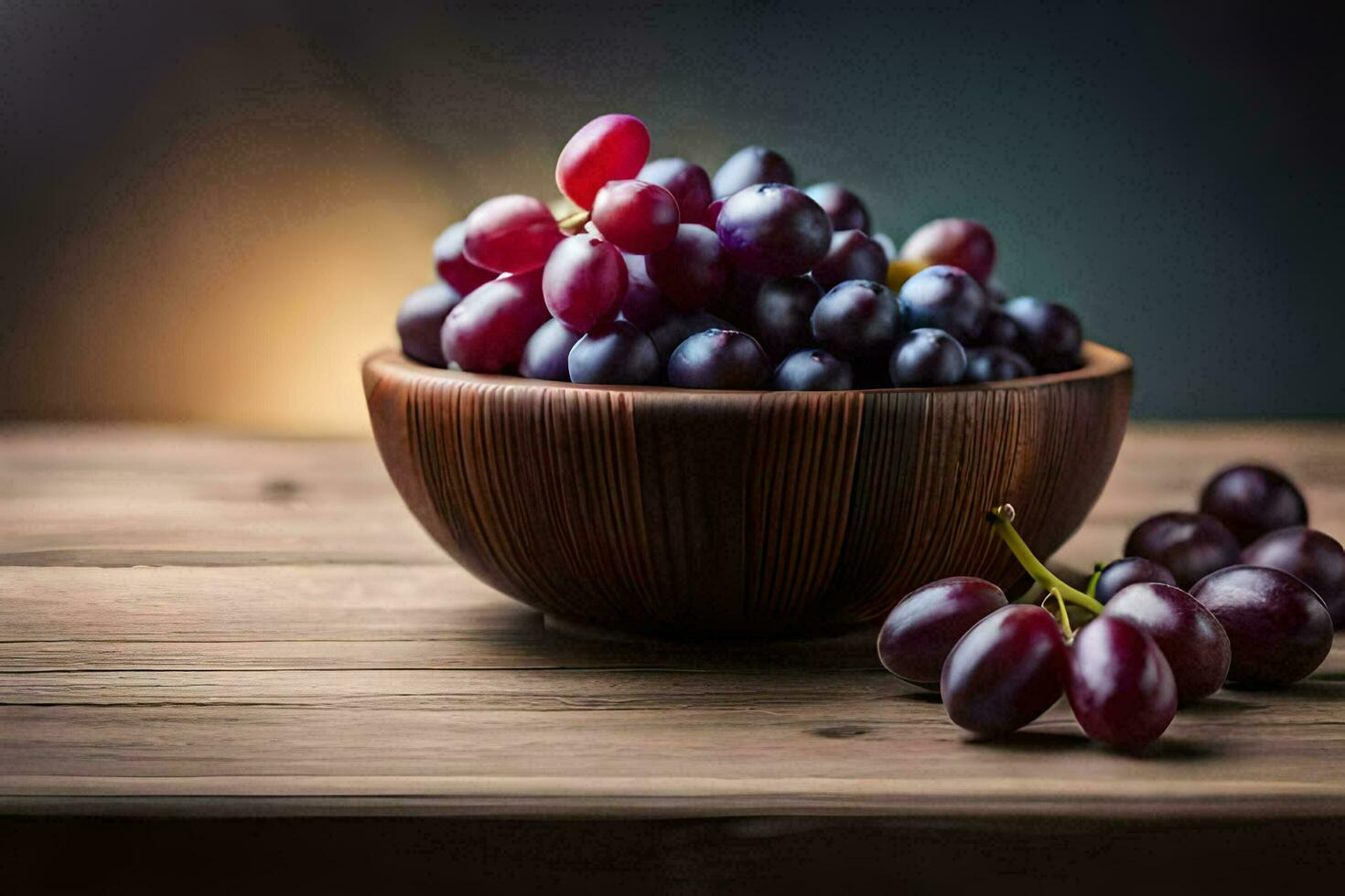 grapes in a wooden bowl on a table. AI-Generated photo