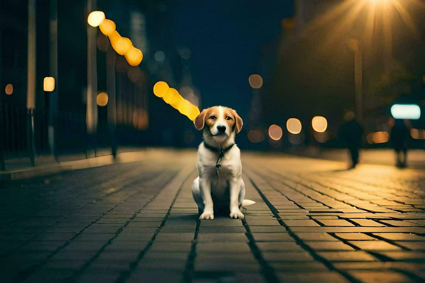 a dog sitting on the street at night. AI-Generated photo