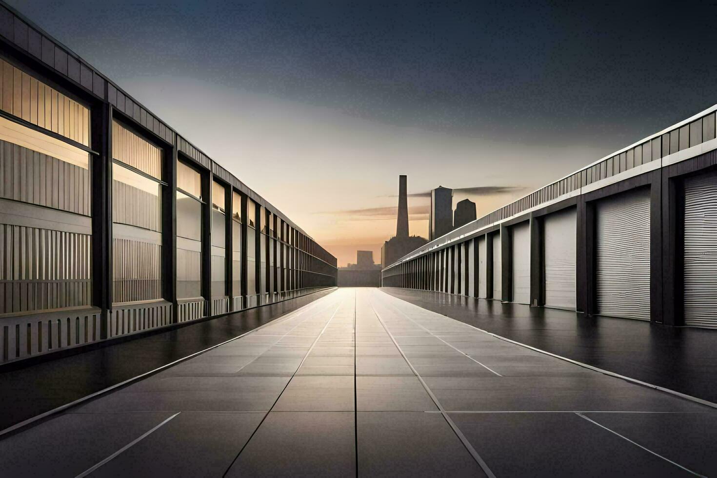 a long walkway with a building in the background. AI-Generated photo