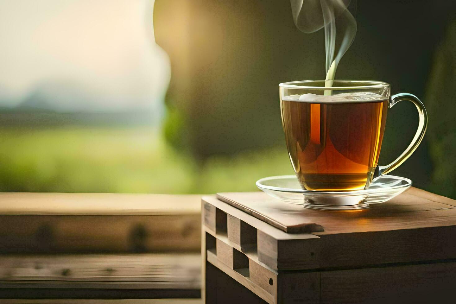 a cup of tea on a wooden table. AI-Generated photo