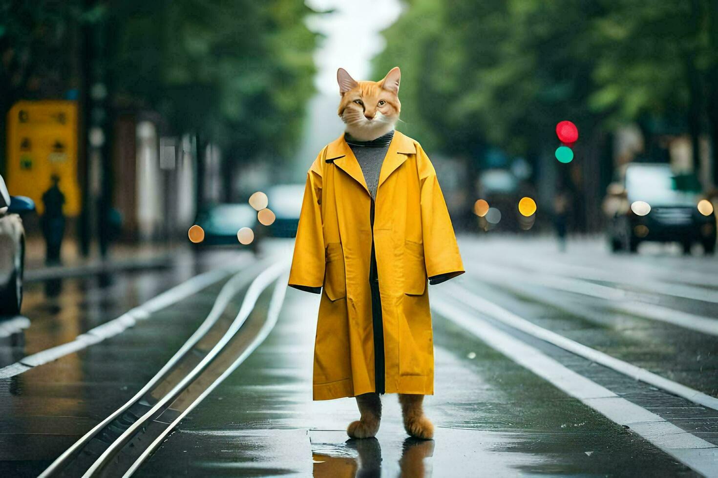 a fox wearing a yellow coat on a rainy street. AI-Generated photo