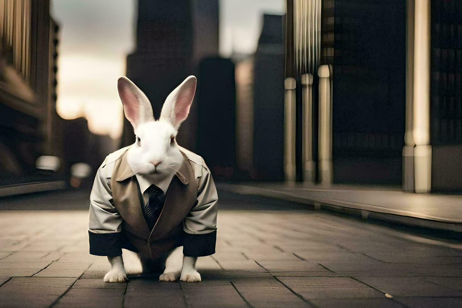 a rabbit wearing a suit and tie on the street. AI-Generated photo