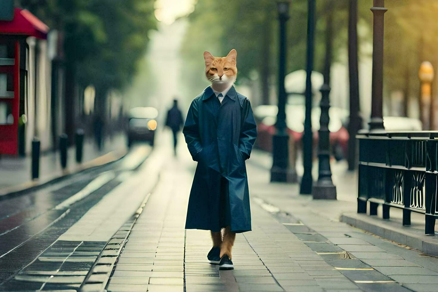 a fox in a trench coat walking down a street. AI-Generated photo