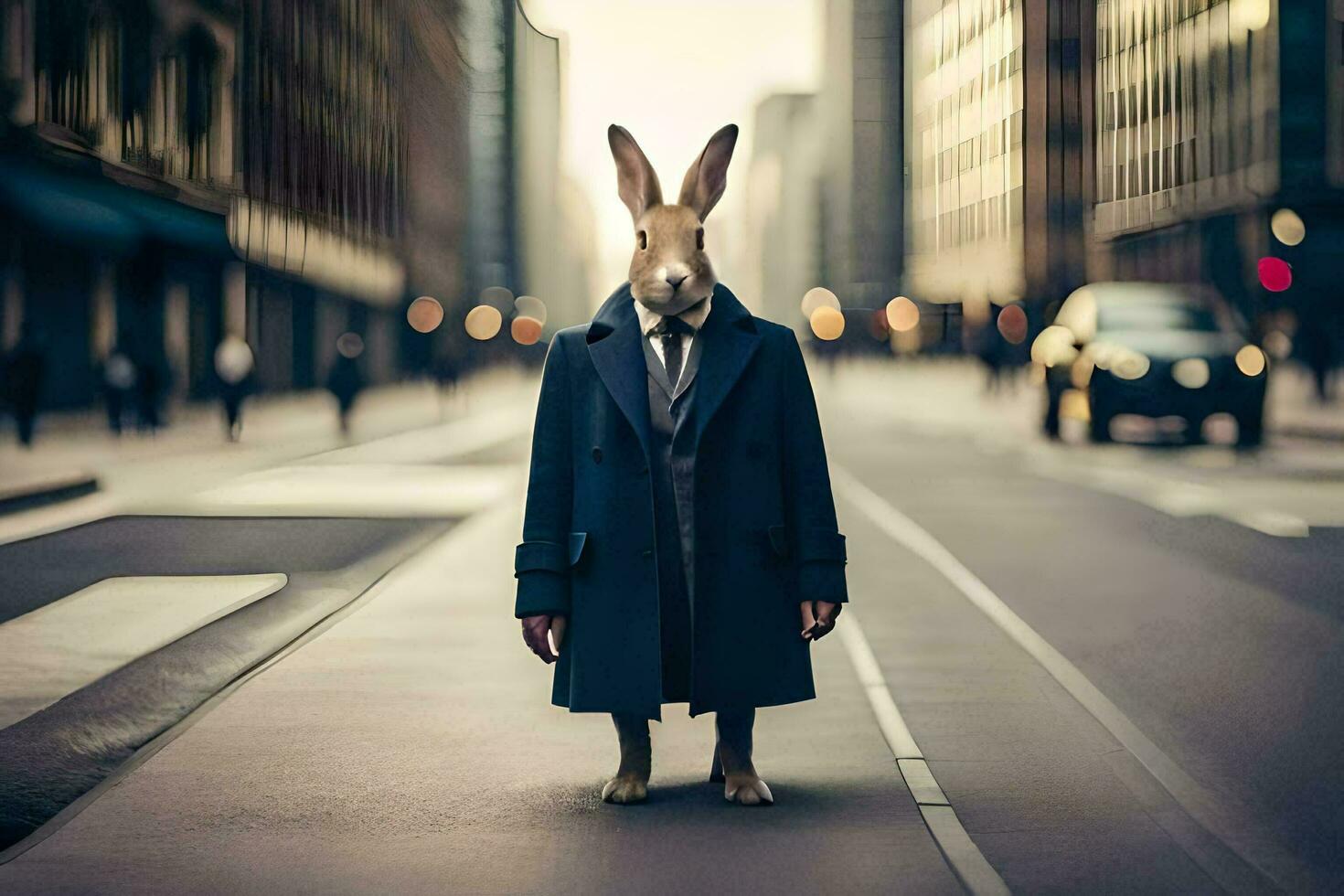 a rabbit wearing a suit and tie standing on a city street. AI-Generated photo