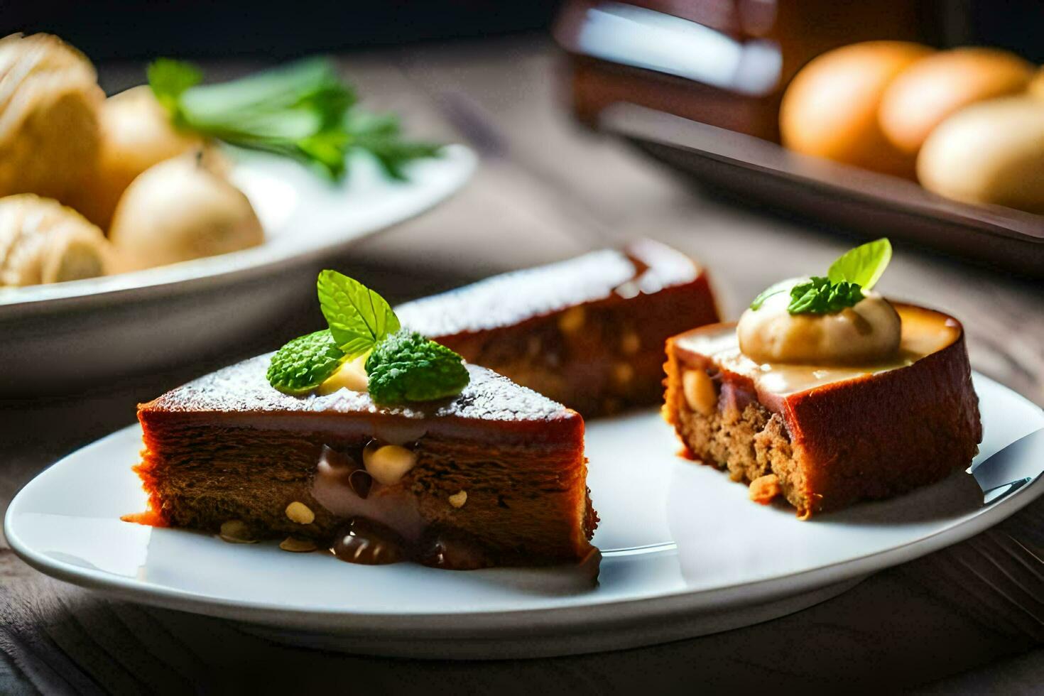 three pieces of cake on white plates. AI-Generated photo