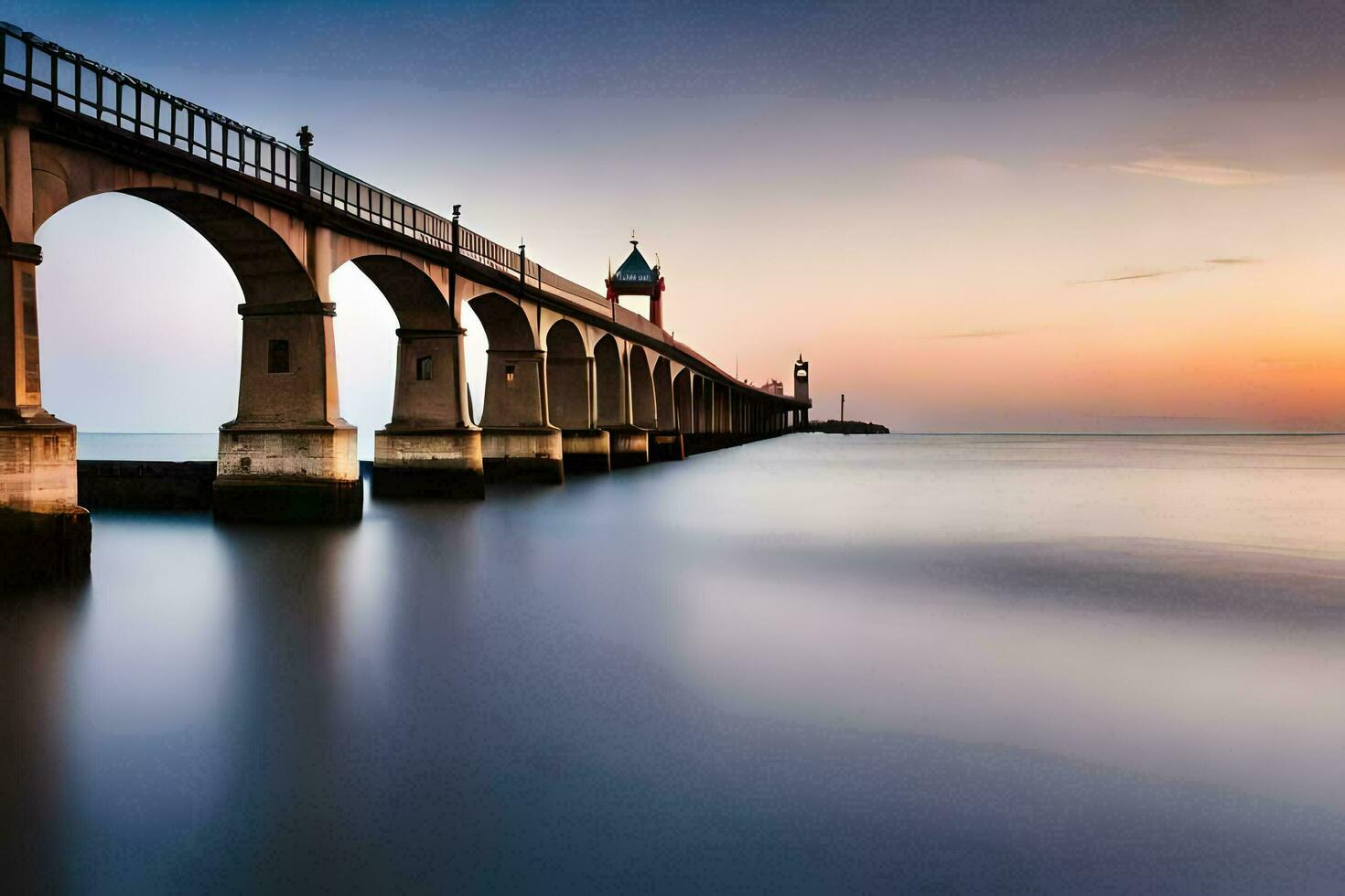 a long exposure photograph of a bridge at sunset. AI-Generated photo