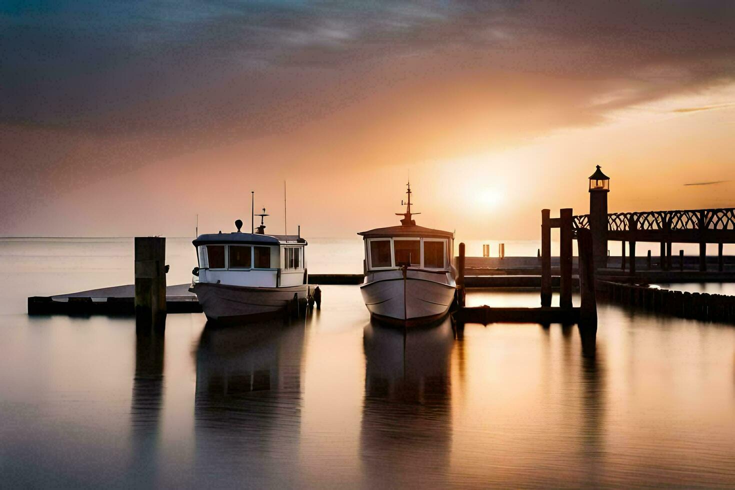 two boats docked at the pier at sunset. AI-Generated photo