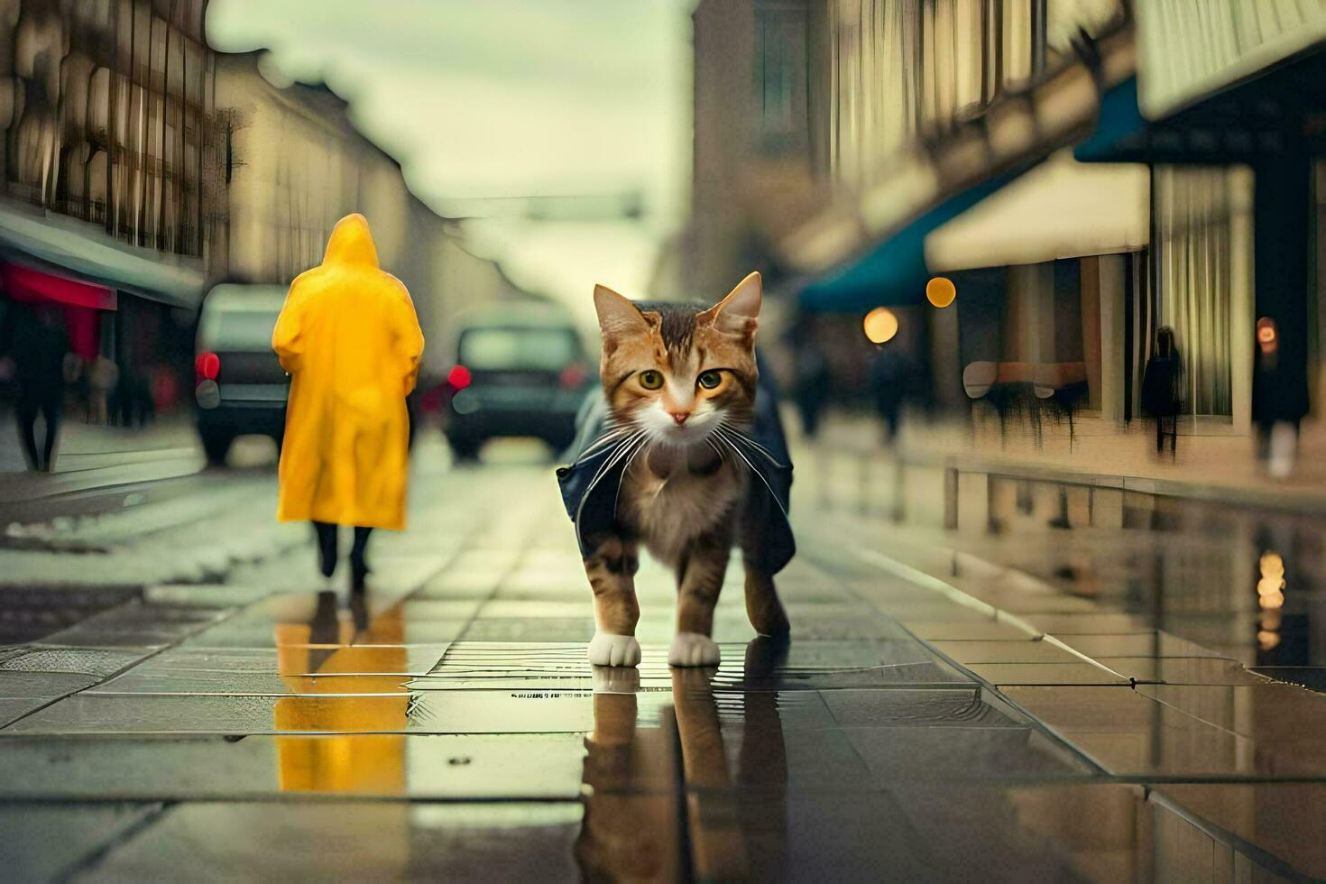 un gato caminando en un mojado calle en el lluvia. generado por ai foto