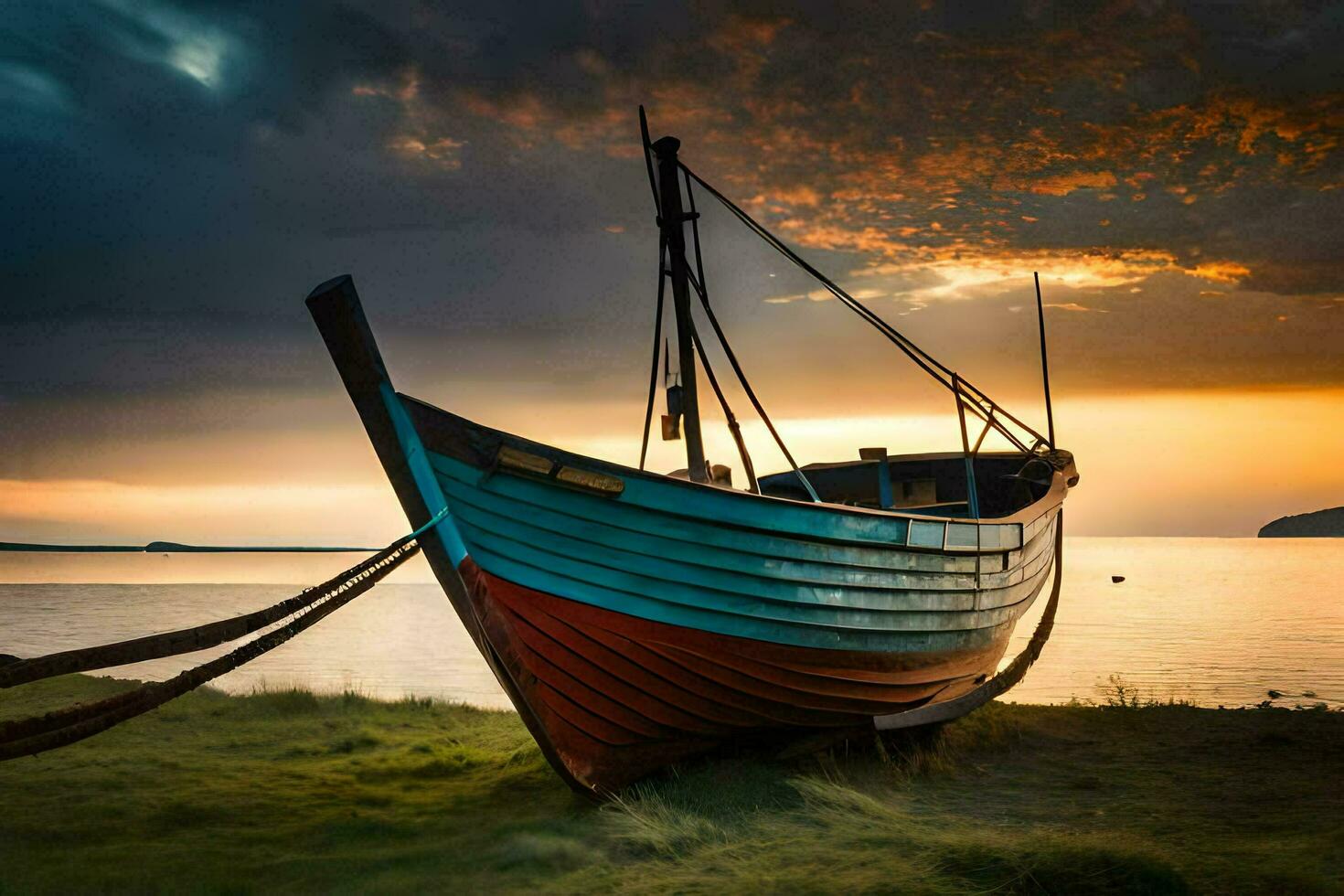 a boat sits on the shore at sunset. AI-Generated photo