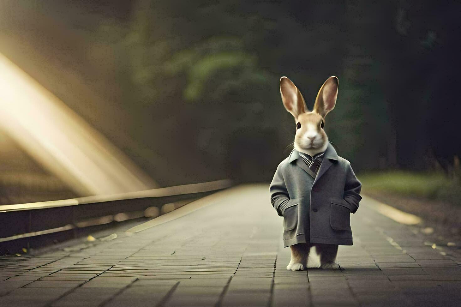 a rabbit wearing a suit and tie standing on a train track. AI-Generated photo