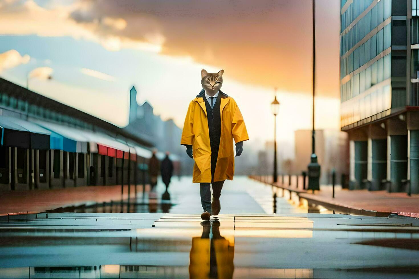a fox in a yellow raincoat walking down a wet street. AI-Generated photo