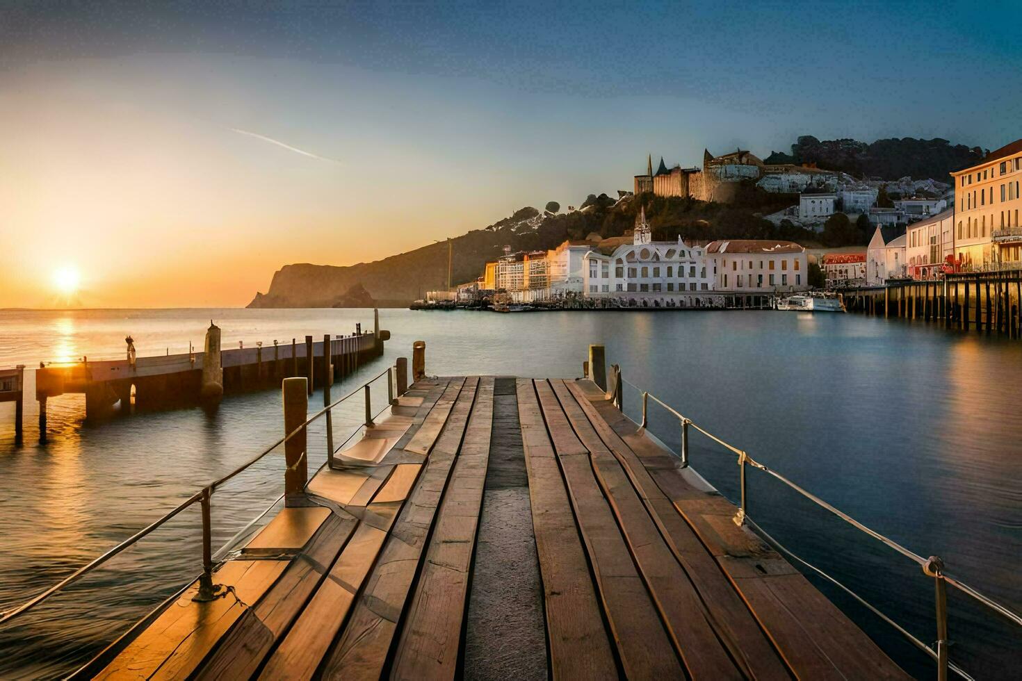 el Dom conjuntos terminado un muelle en Portugal. generado por ai foto