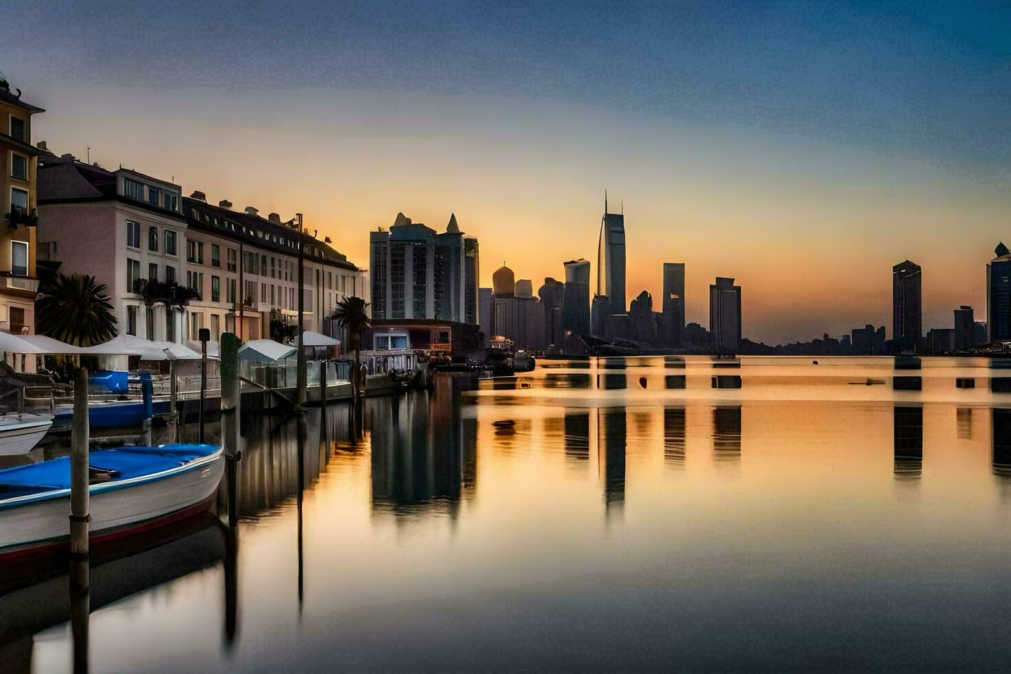 a city skyline at sunset with boats docked in the water. AI-Generated photo