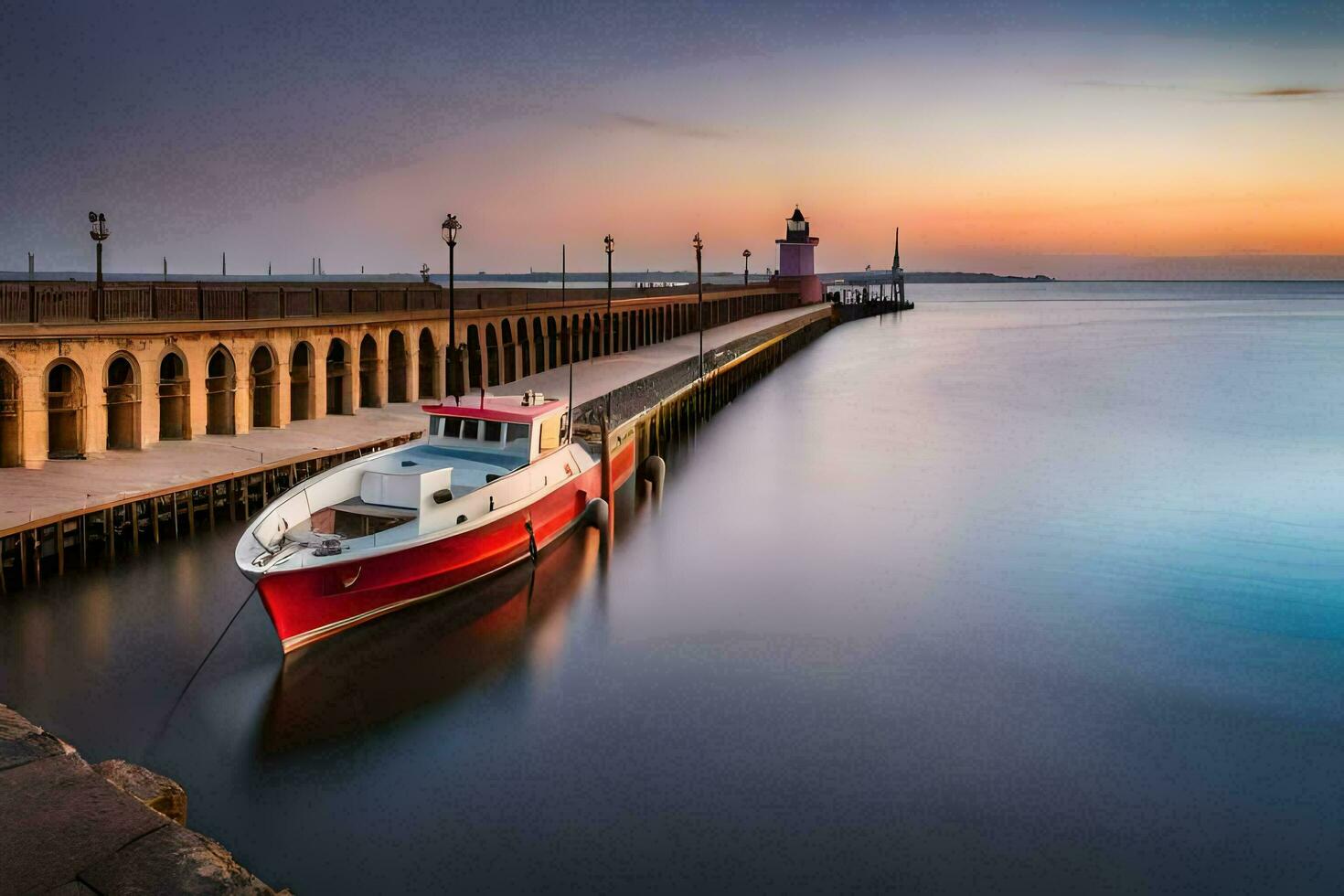 a boat docked at the pier at sunset. AI-Generated photo