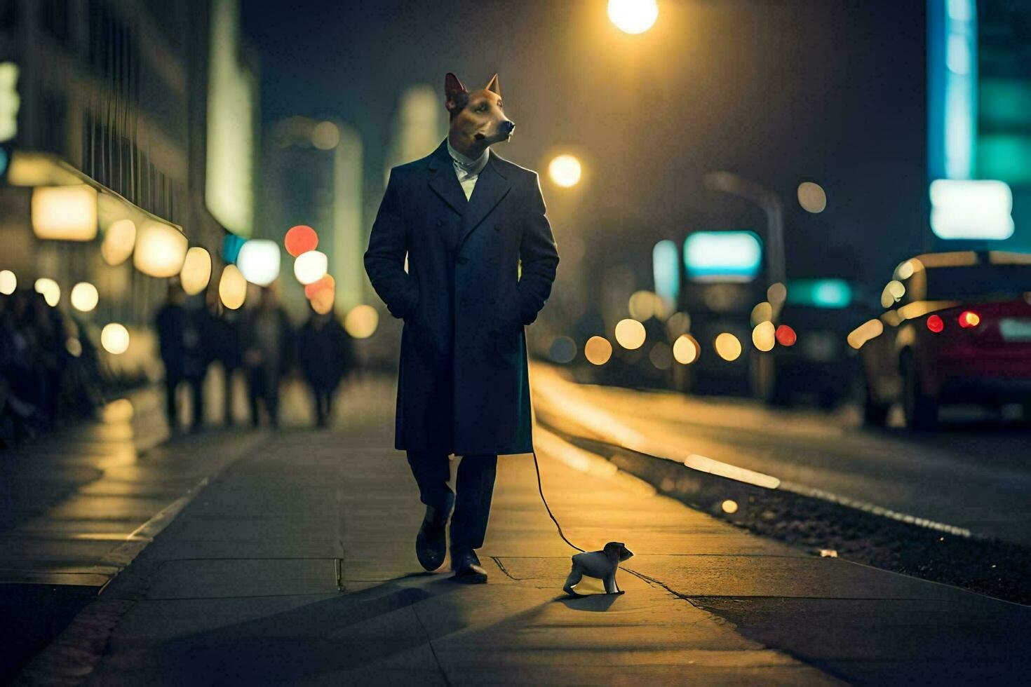 a man in a suit and tie walking his dog on a city street at night. AI-Generated photo
