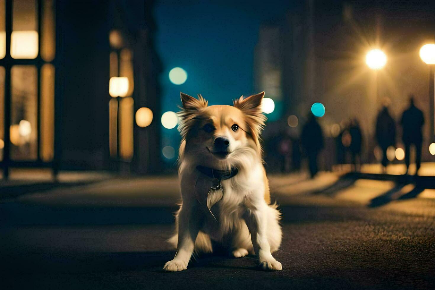a dog sitting on the street at night. AI-Generated photo