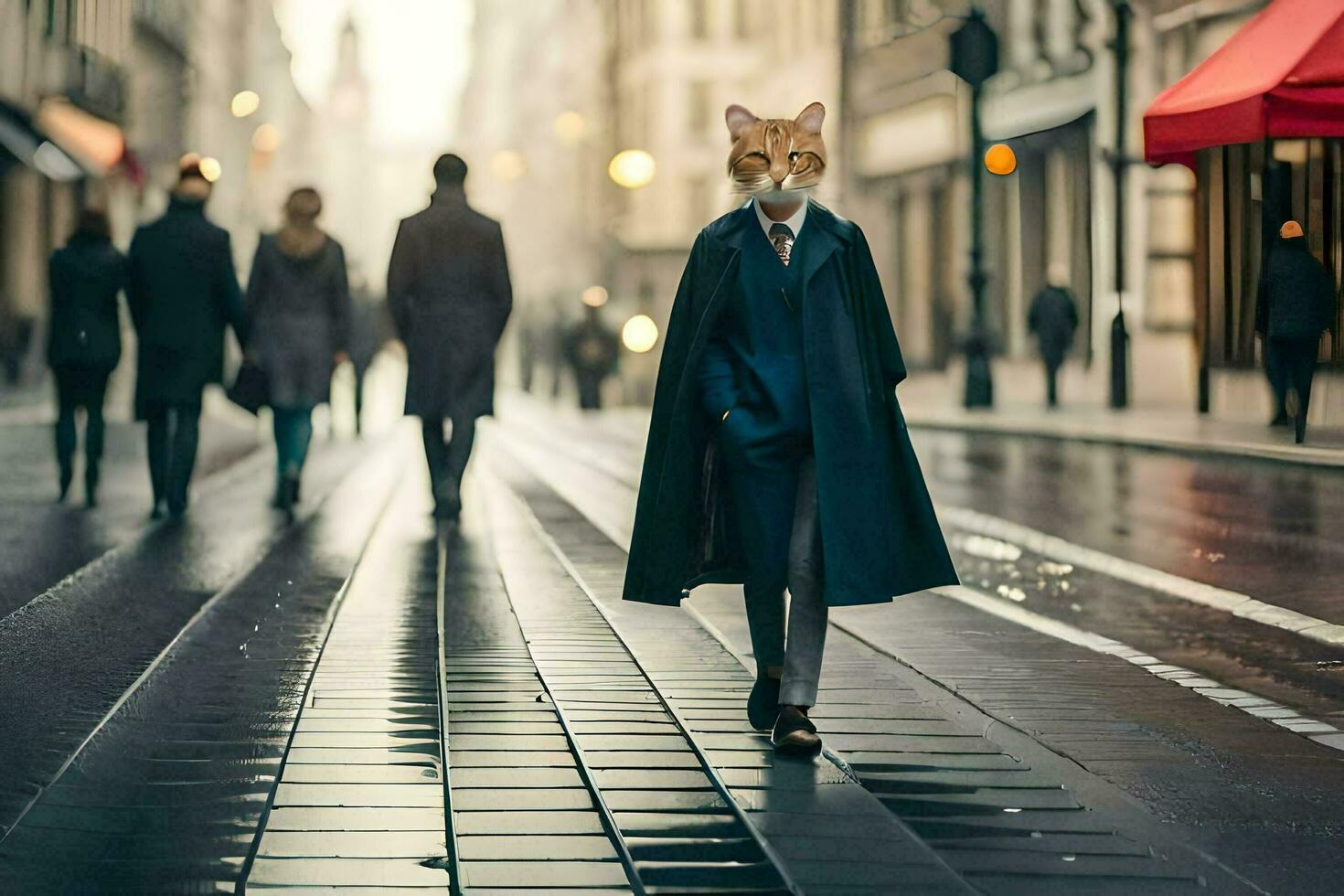 a fox wearing a suit and tie walks down a street. AI-Generated photo