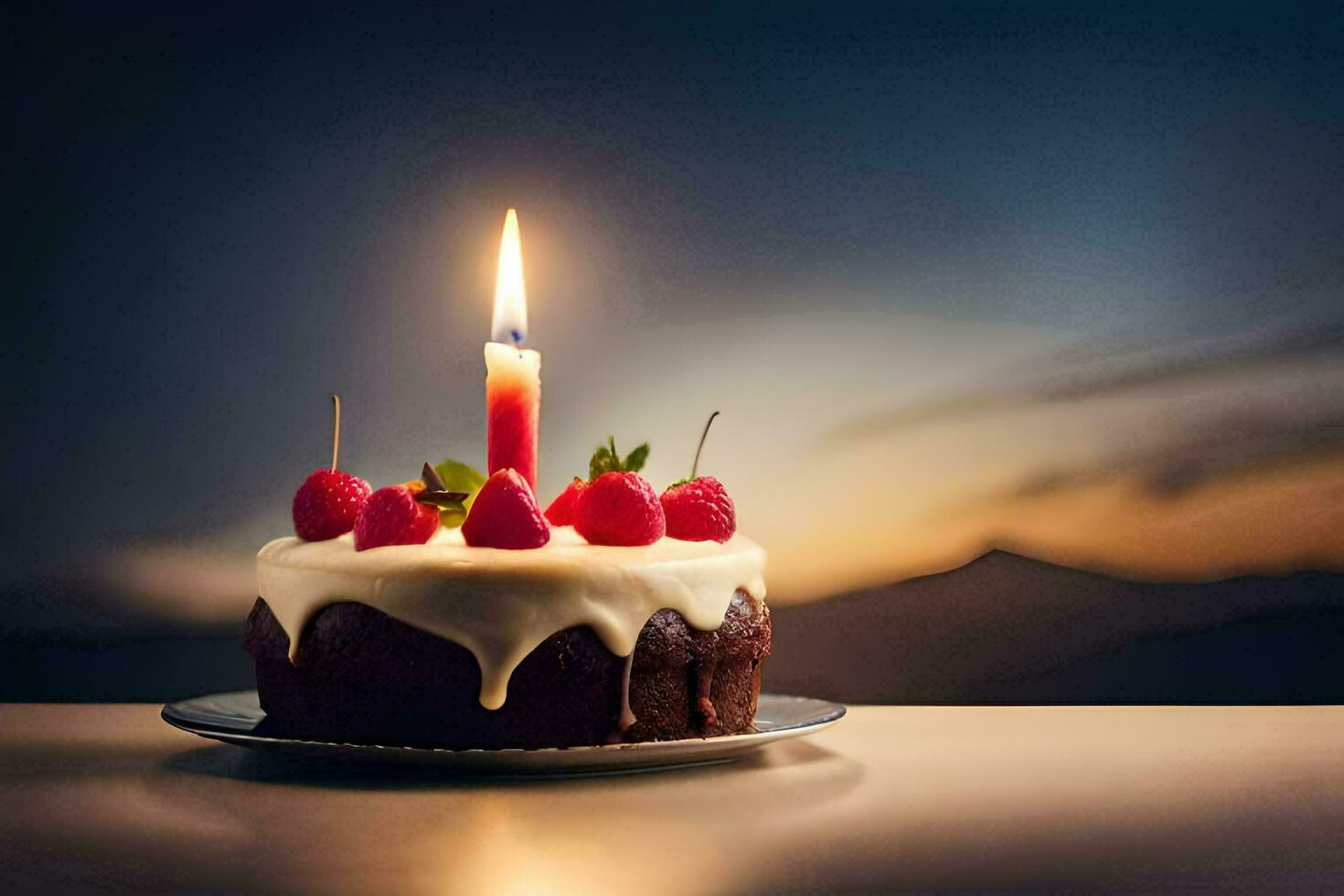 a birthday cake with a single candle on top. AI-Generated photo