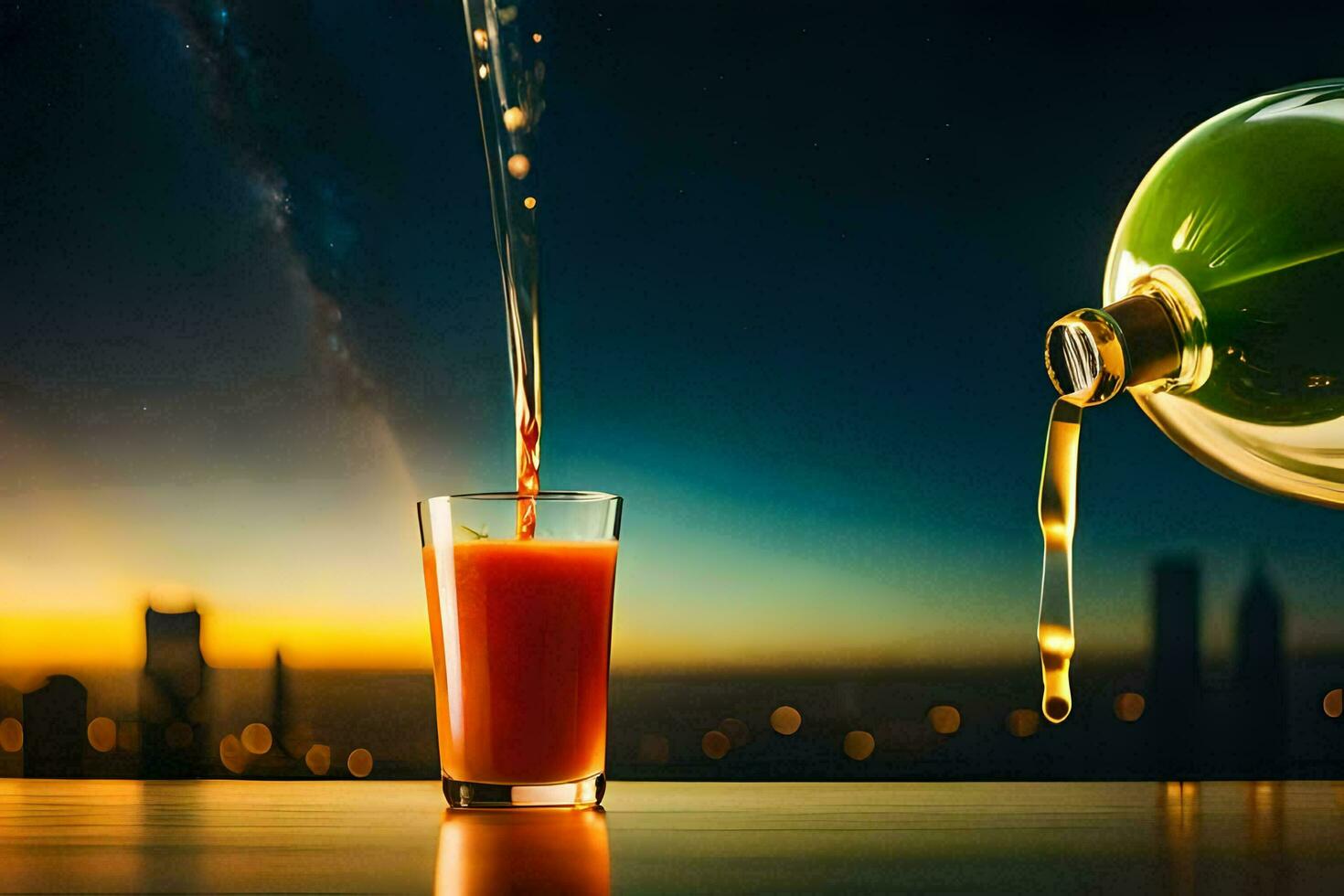 juice pouring into a glass with a city skyline in the background. AI-Generated photo