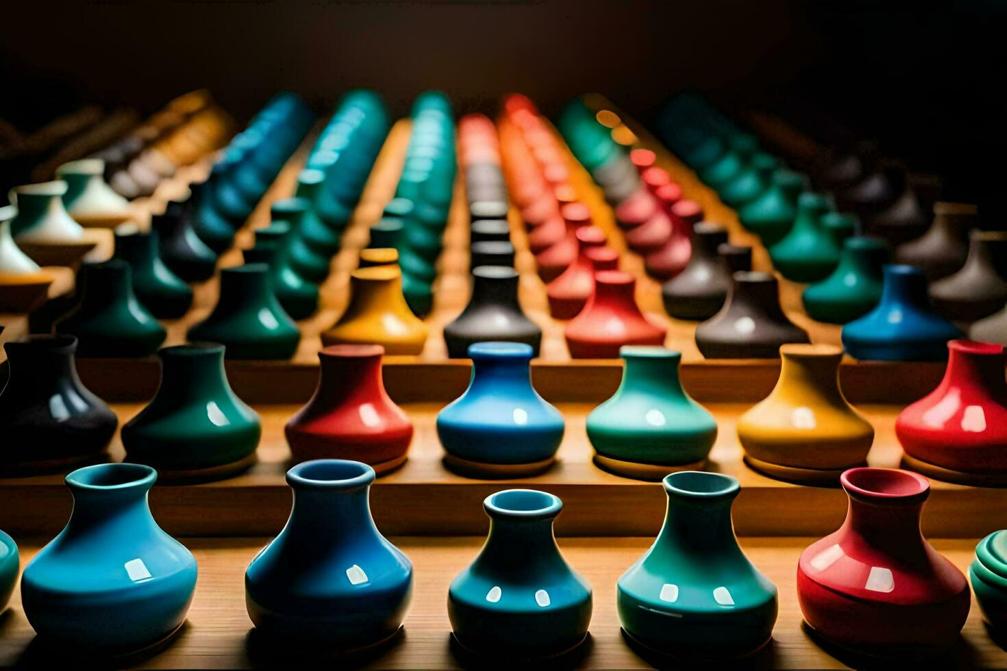 colorful vases are lined up on a table. AI-Generated photo