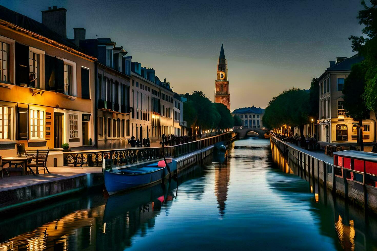 a canal in the middle of a city at dusk. AI-Generated photo