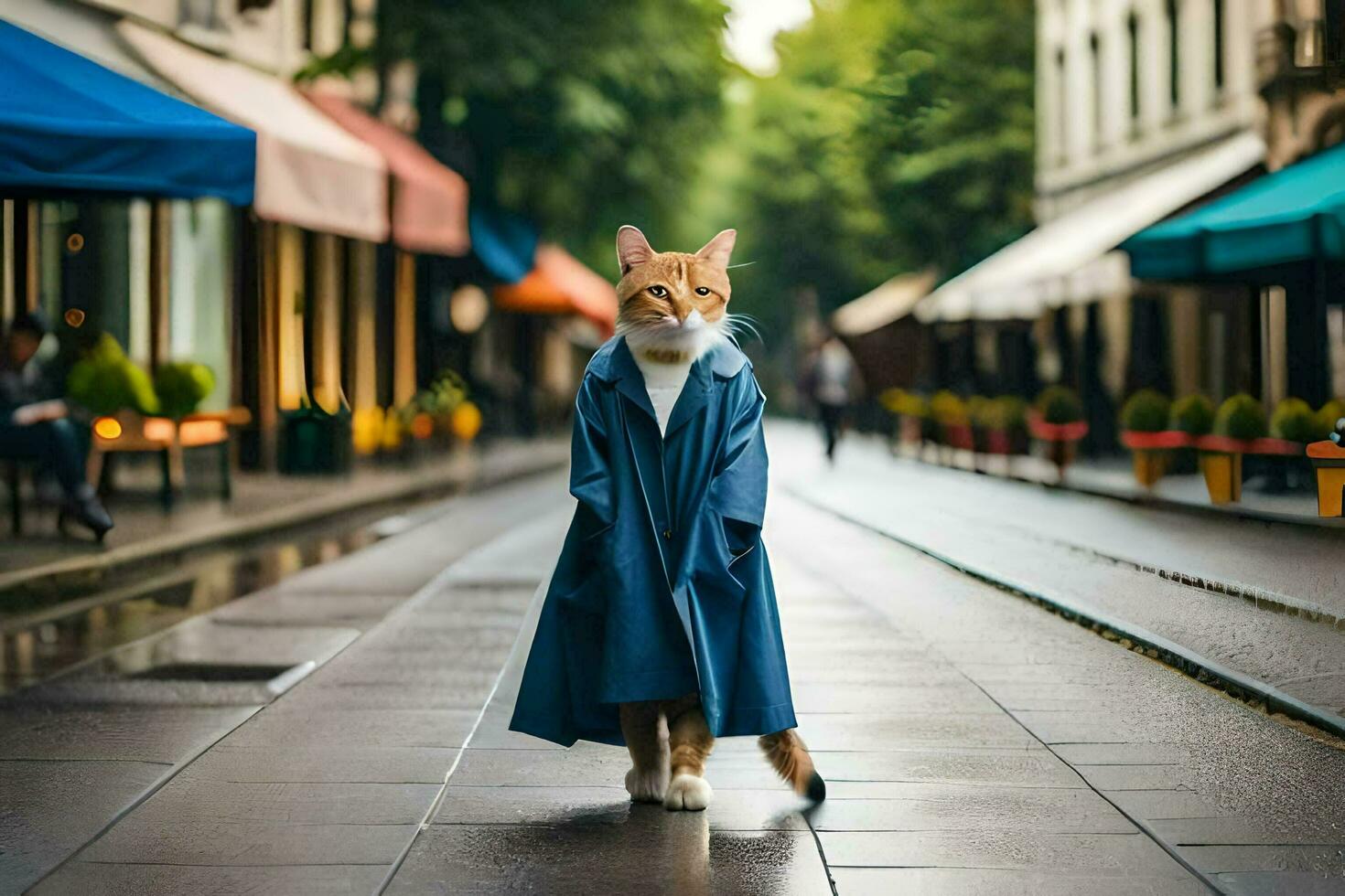 a cat wearing a blue coat and walking down a street. AI-Generated photo