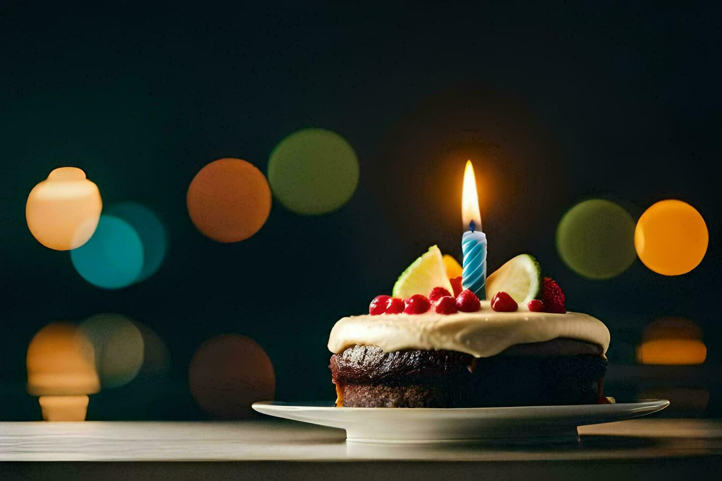 a birthday cake with a lit candle on a plate. AI-Generated photo