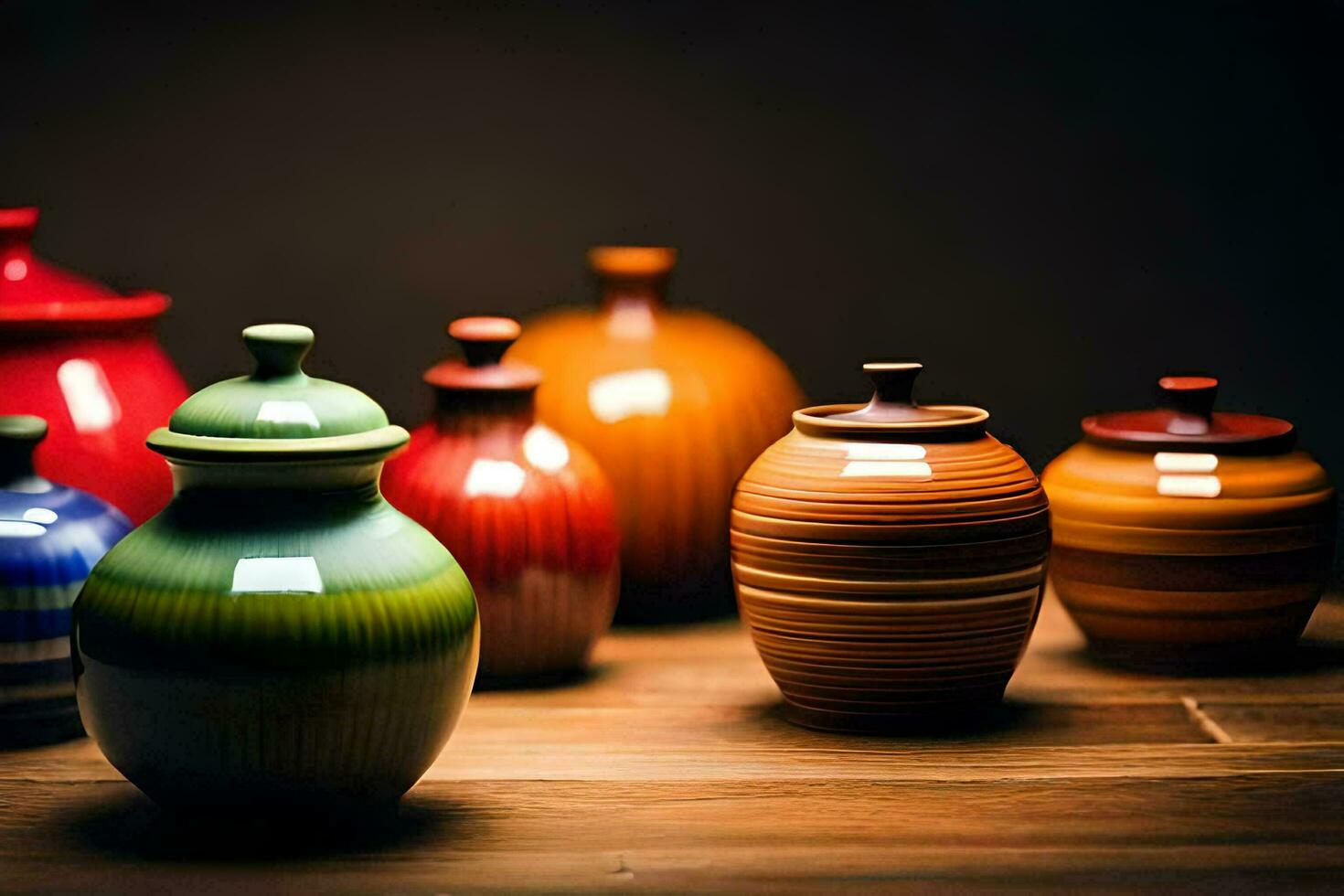 a group of colorful vases on a wooden table. AI-Generated photo