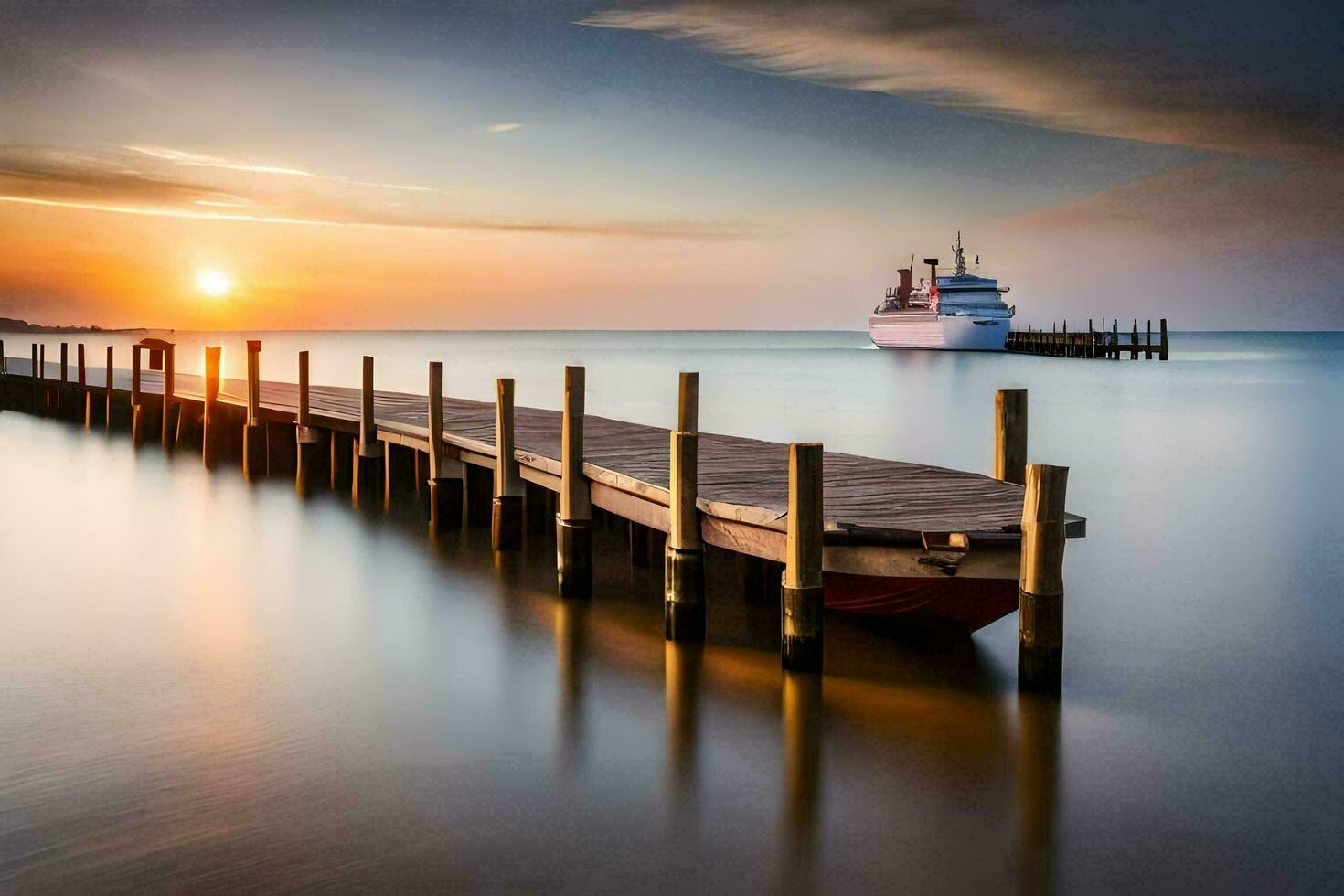 a boat docked at the end of a pier at sunset. AI-Generated photo