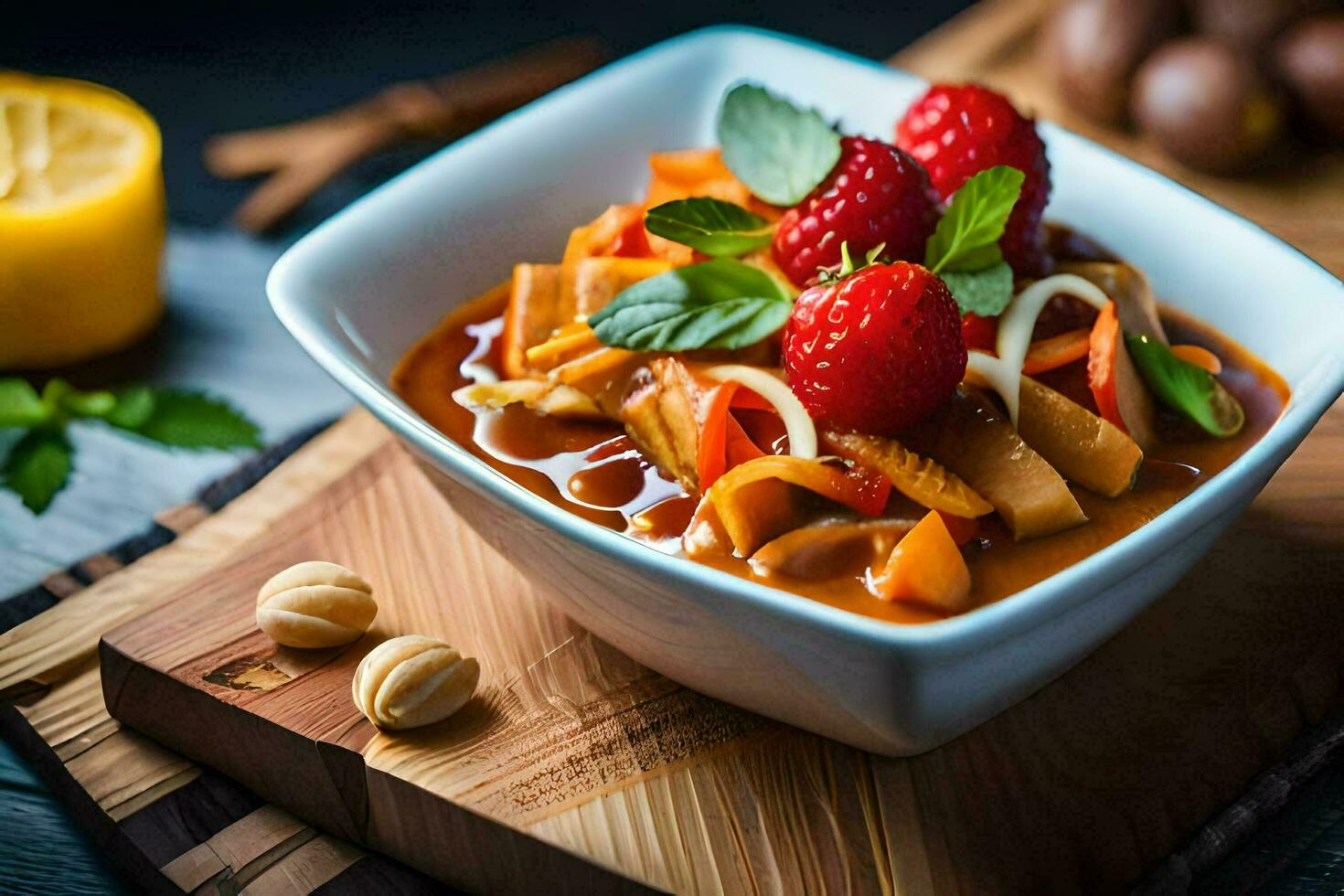 a bowl of noodles with strawberries and nuts on a wooden cutting board. AI-Generated photo