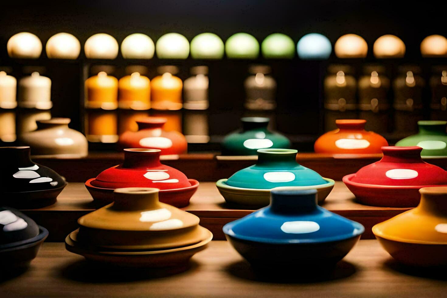 colorful vases sit on a table in front of a wall. AI-Generated photo
