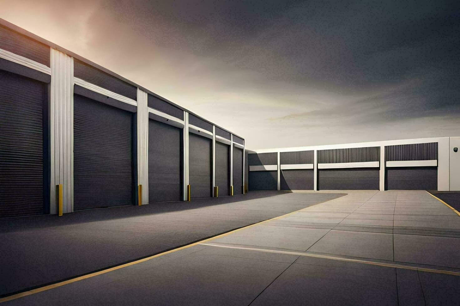 a large warehouse with two large doors. AI-Generated photo