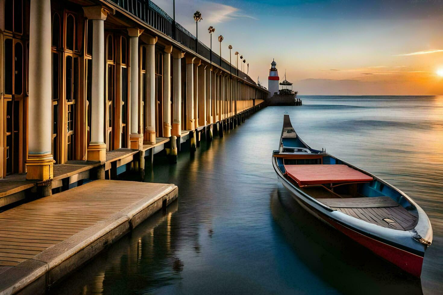 a boat sits at the end of a pier at sunset. AI-Generated photo