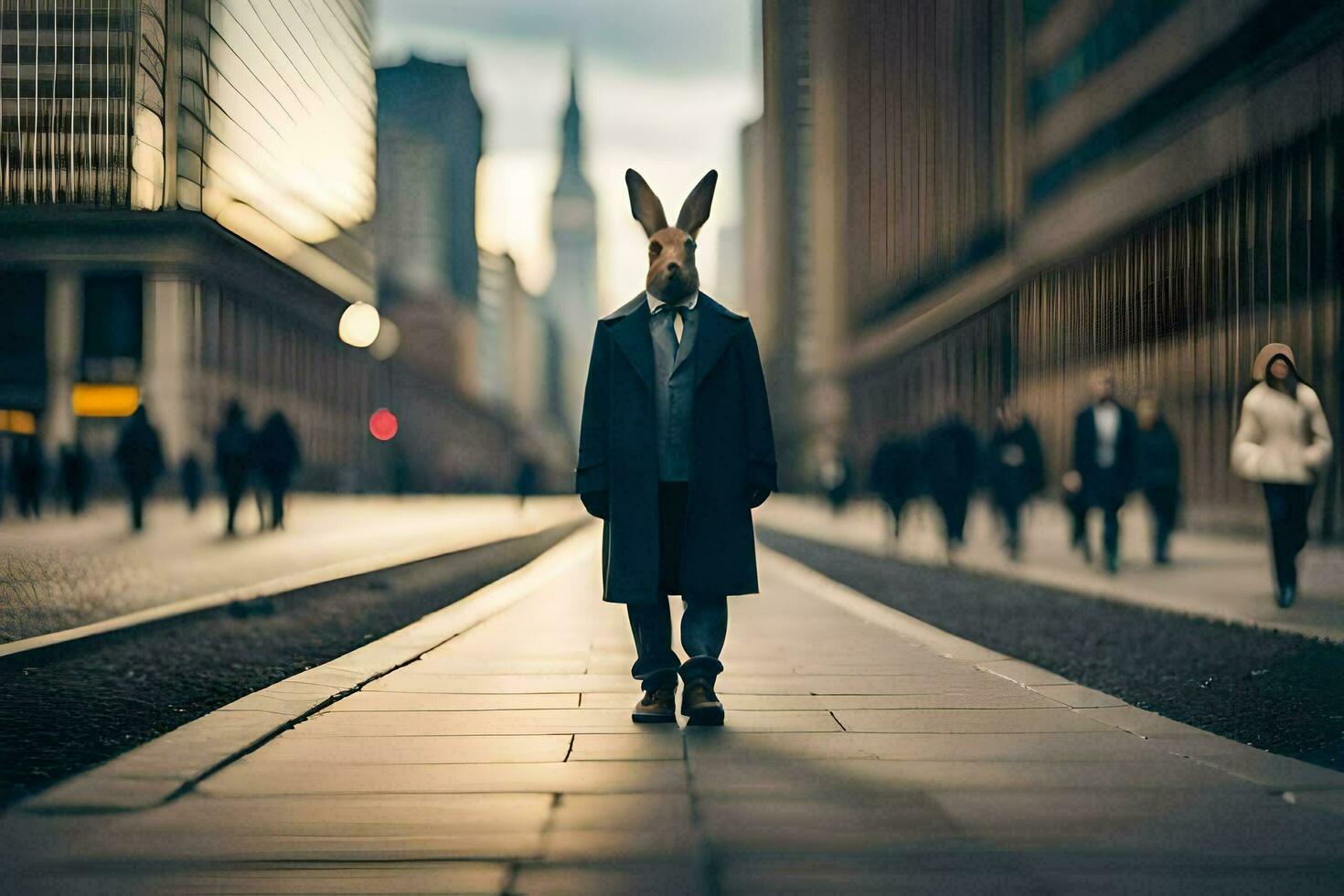 a rabbit wearing a suit and tie stands in the middle of a city street. AI-Generated photo