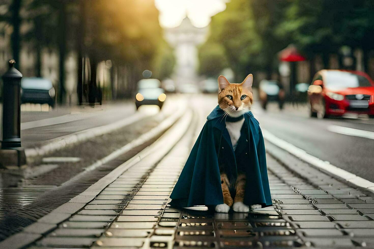 a cat dressed in a cape standing on a street. AI-Generated photo