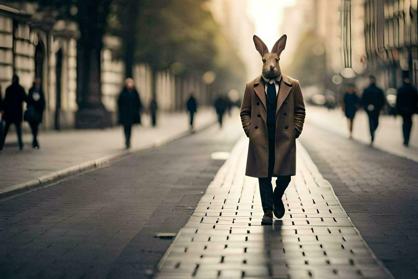 a rabbit wearing a coat and tie walking down a street. AI-Generated photo
