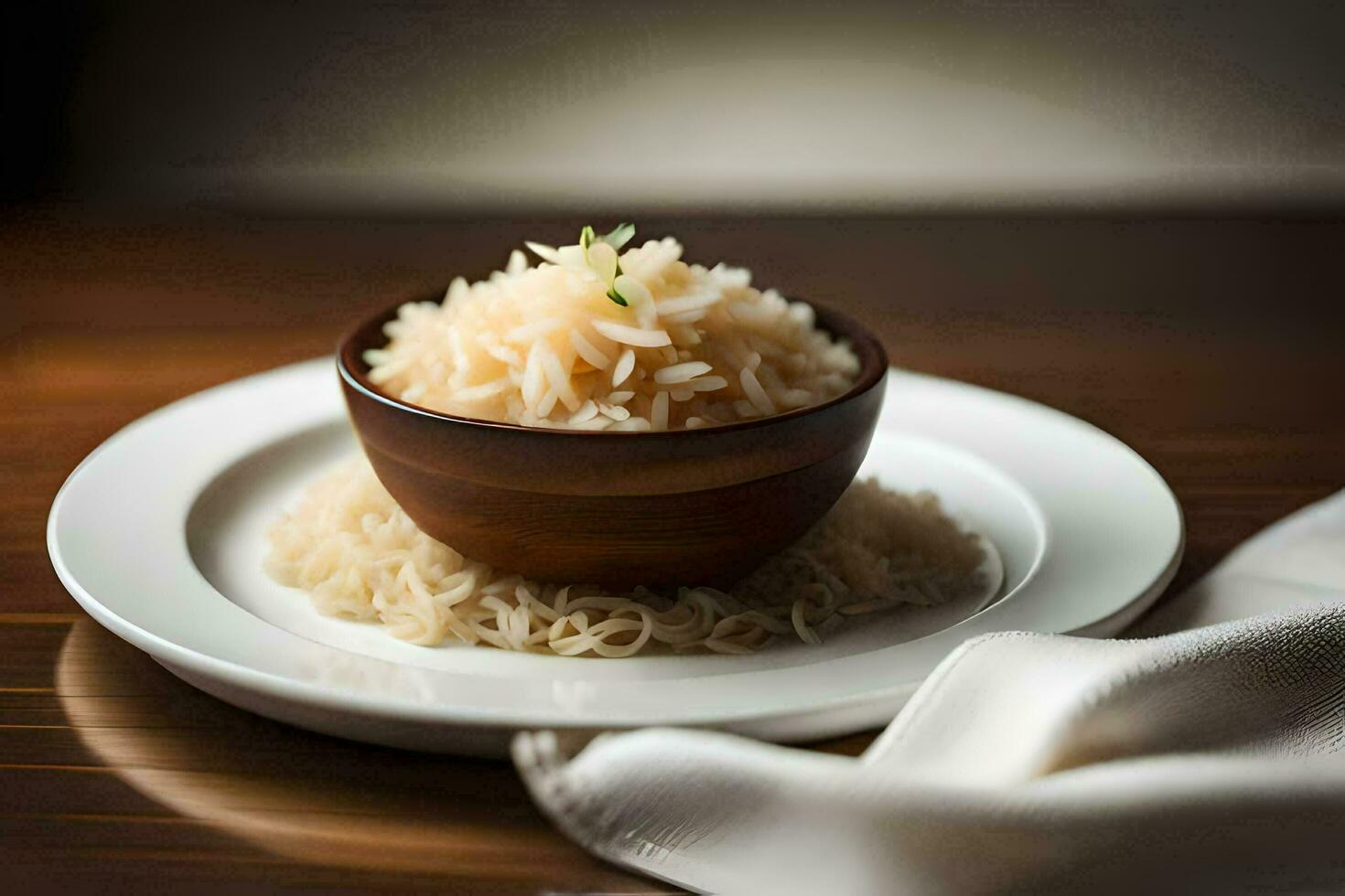 a bowl of rice with a spoon on a plate. AI-Generated photo