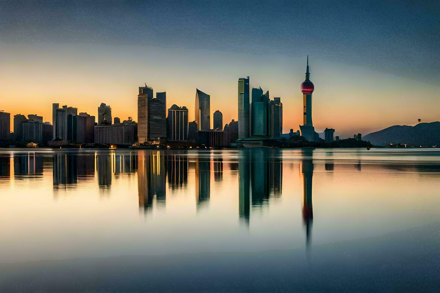 the city skyline is reflected in the water at sunset. AI-Generated photo